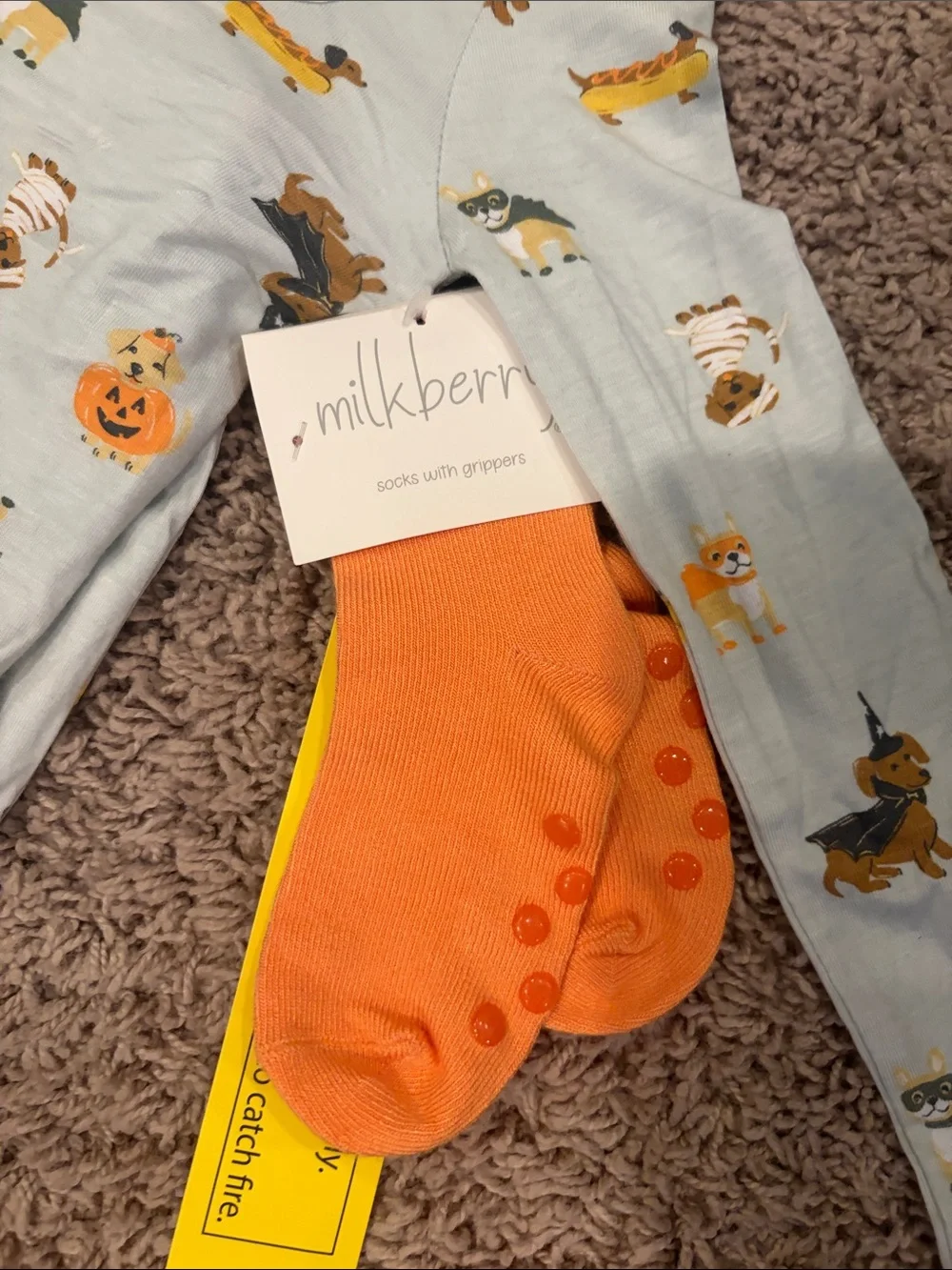 Kids' Light Blue Halloween Puppy Pajama Set with Orange Trim
